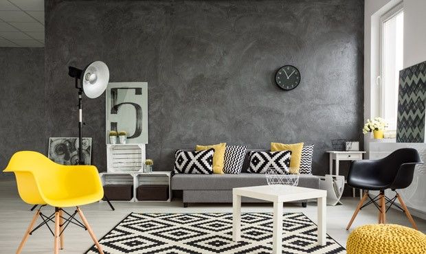 Psicologia das Cores - sala de estar com revestimento de cimento queimado